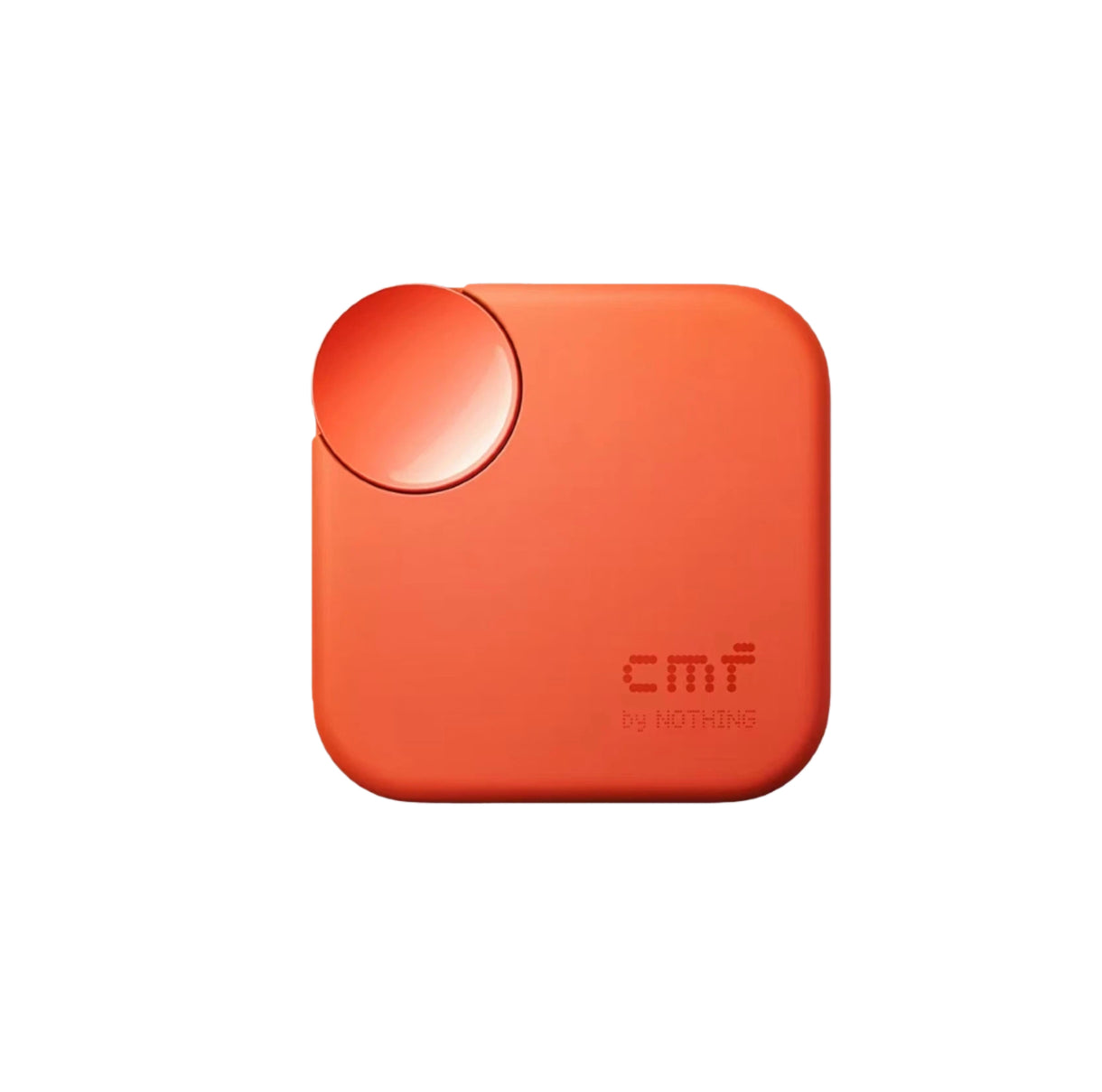 Front view of the orange CMF Buds 2a charging case featuring a sleek matte finish, signature rotating control knob, and "cmf by NOTHING" branding in subtle dot matrix style.