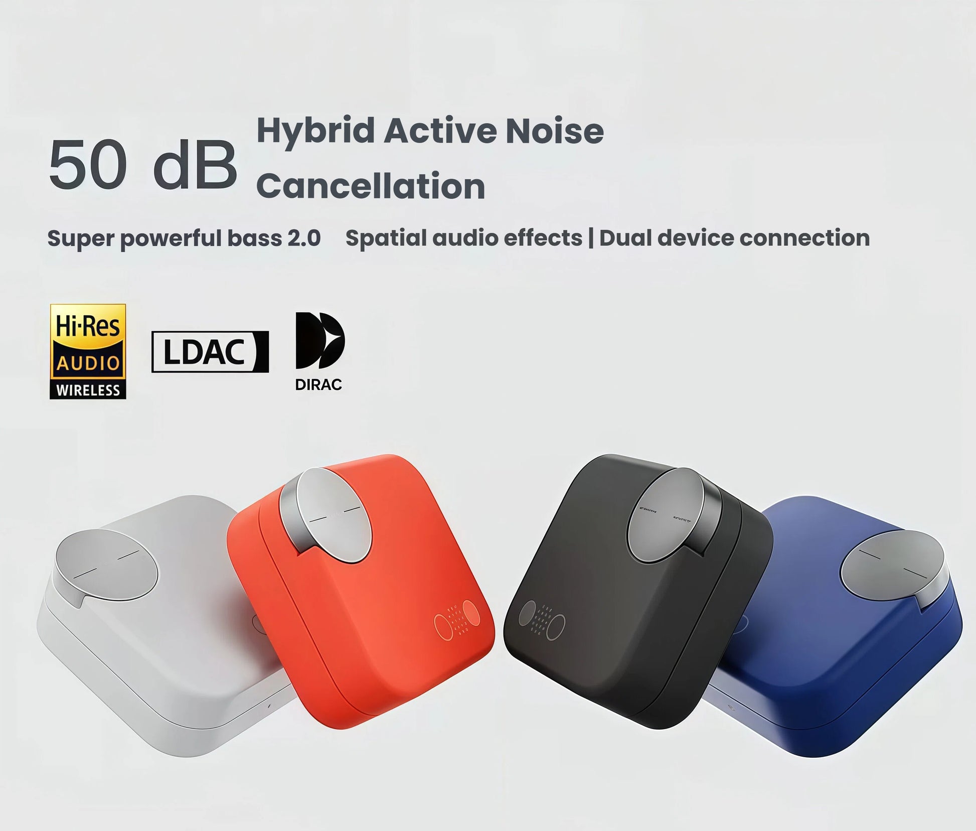 Four-color display of CMF Buds Pro 2 charging cases — white, red, black, and blue — featuring 50dB hybrid active noise cancellation, Hi-Res Wireless certification, LDAC, and DIRAC audio technology.