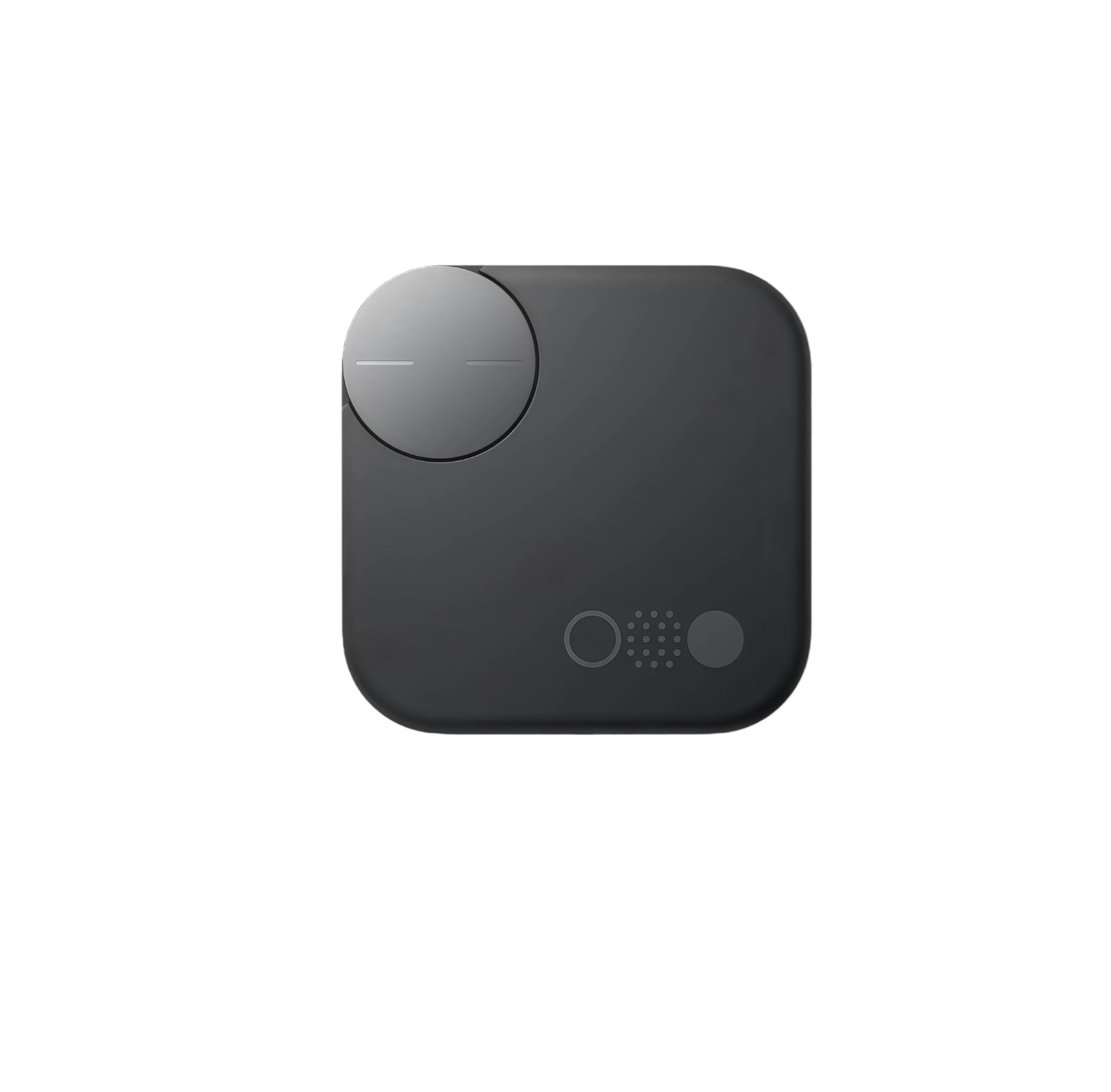 Front view of the closed black CMF Buds Pro 2 charging case, featuring a minimalist design with a silver rotating control knob, status indicator lights, and premium matte finish.