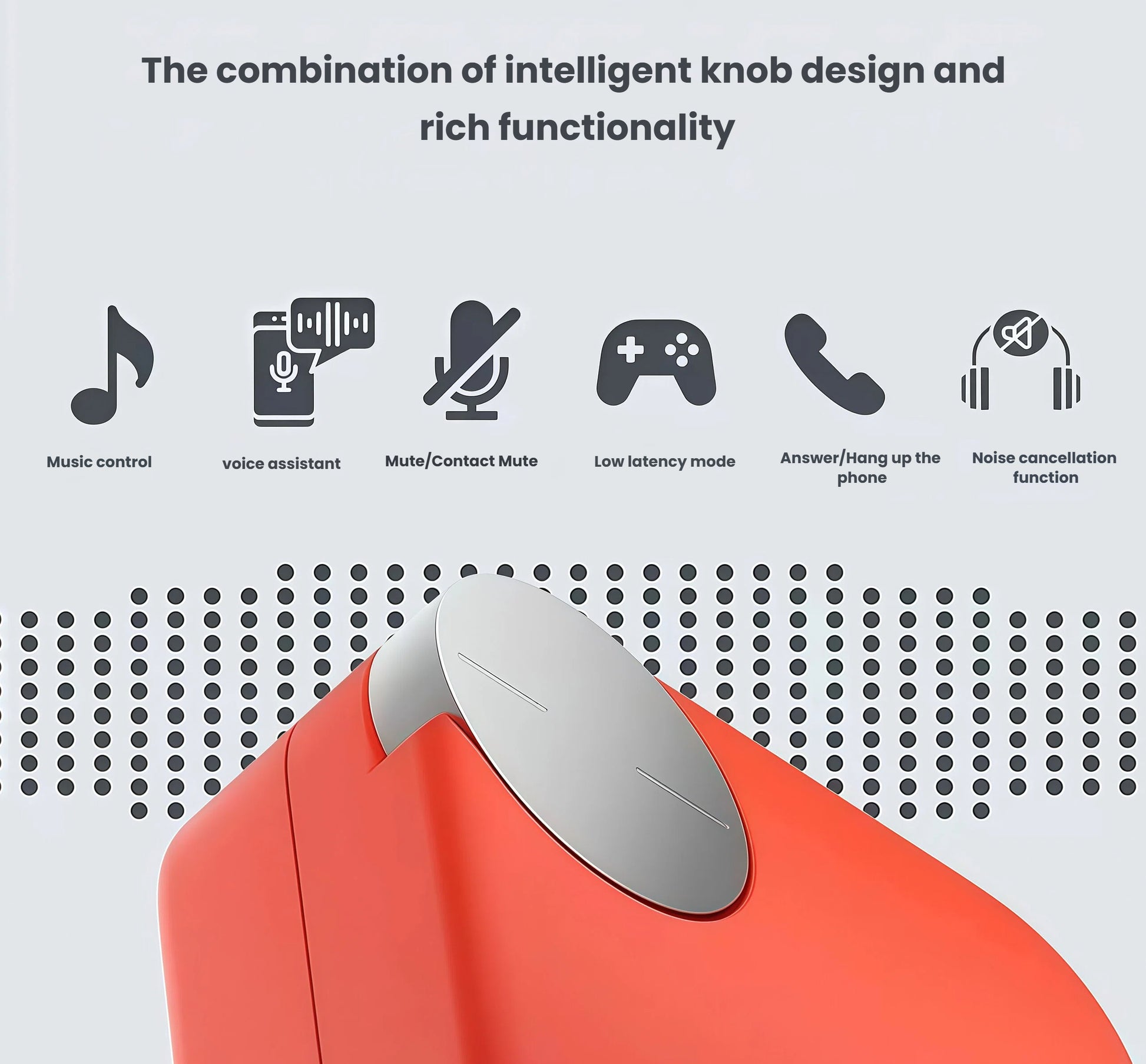Close-up of the CMF Buds Pro 2 intelligent rotating knob showing control functions: music playback, voice assistant, mute, low latency mode, call answer/hang up, and noise cancellation activation.