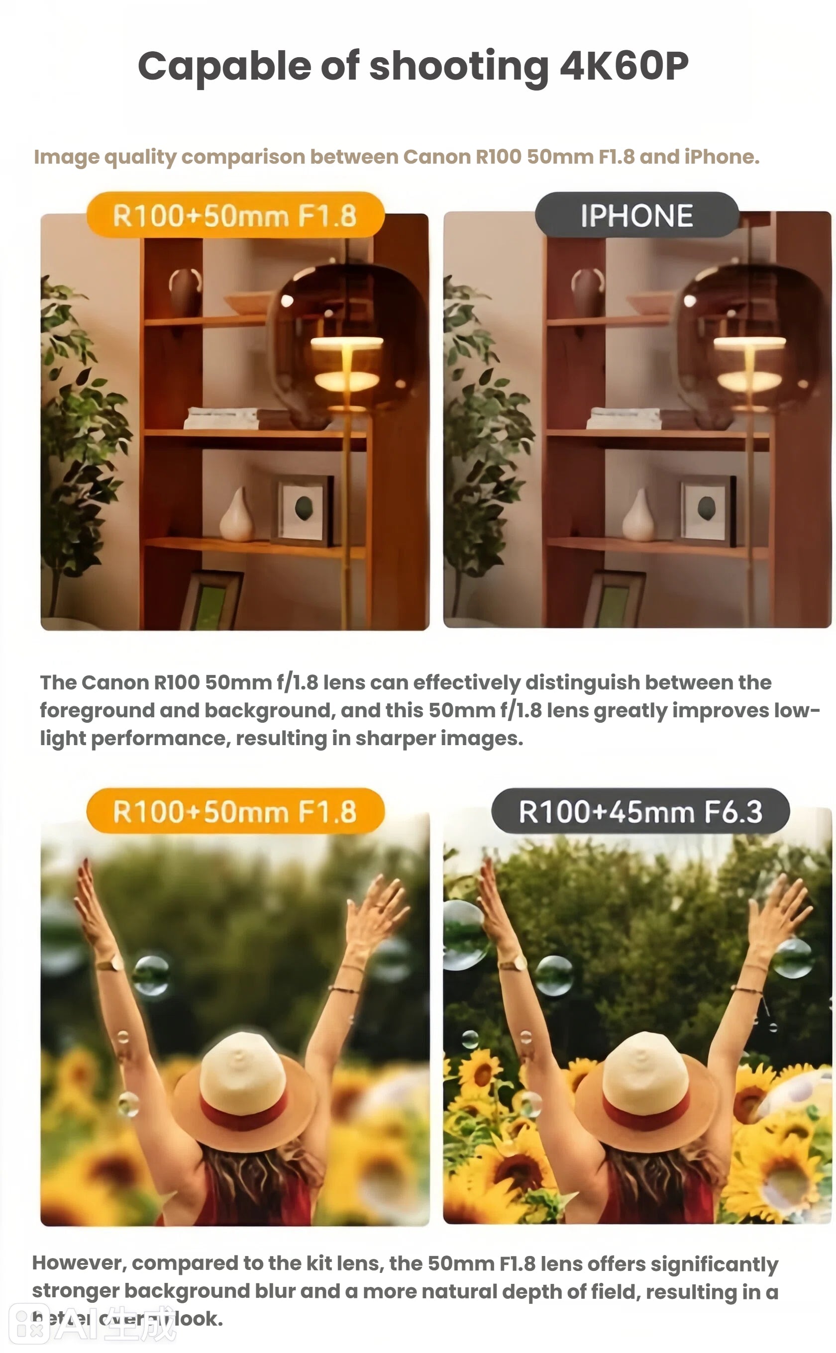 Split-screen comparison demonstrating the superior 4K60P image quality of the Canon EOS R100 with a 50 mm f/1.8 lens versus an iPhone and the 18-45 mm kit lens, showcasing sharper details and creamy bokeh.