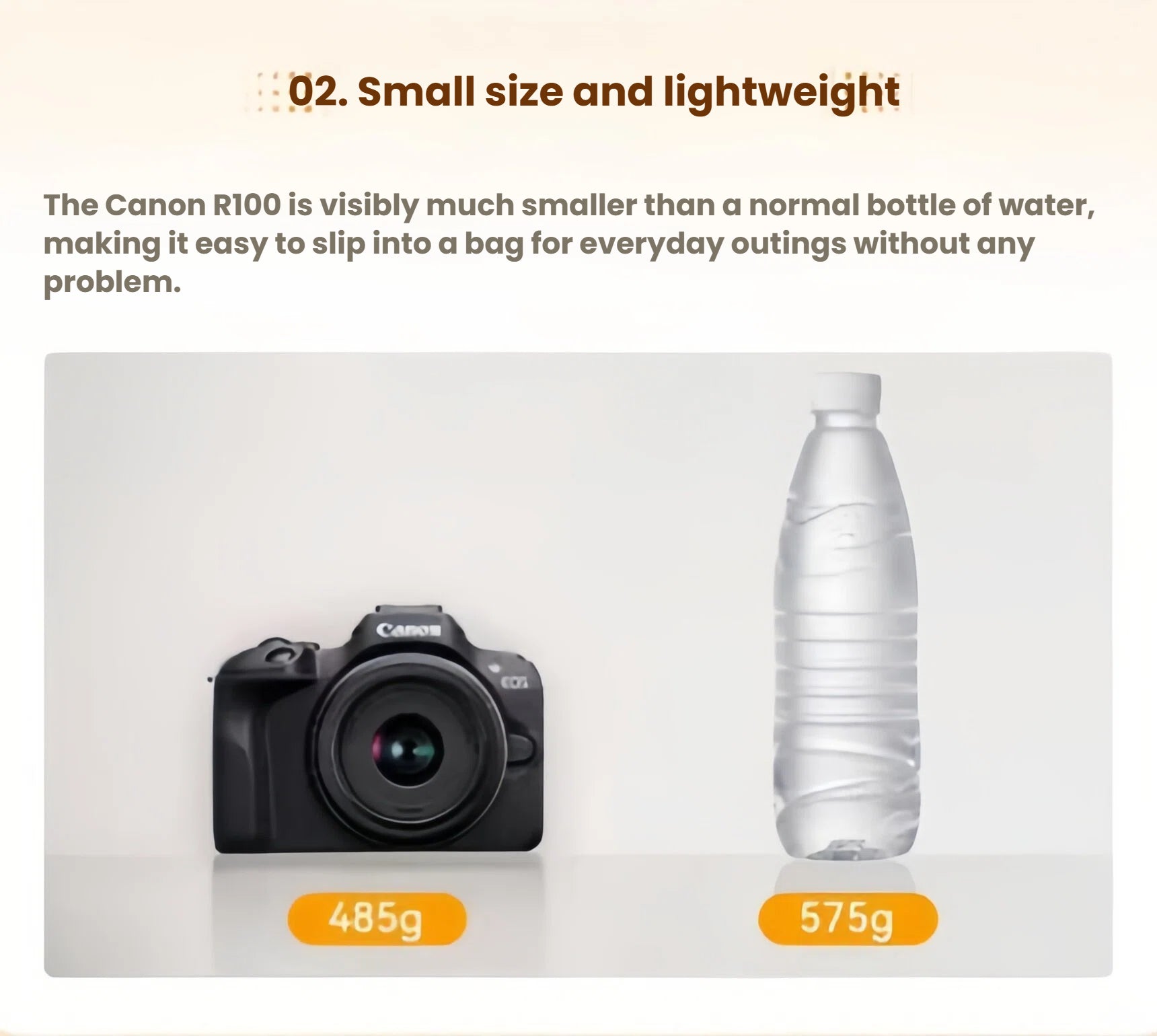 Side-by-side comparison showing the Canon EOS R100 (485 g) next to a standard water bottle (575 g), highlighting its ultra-light, travel-friendly design.