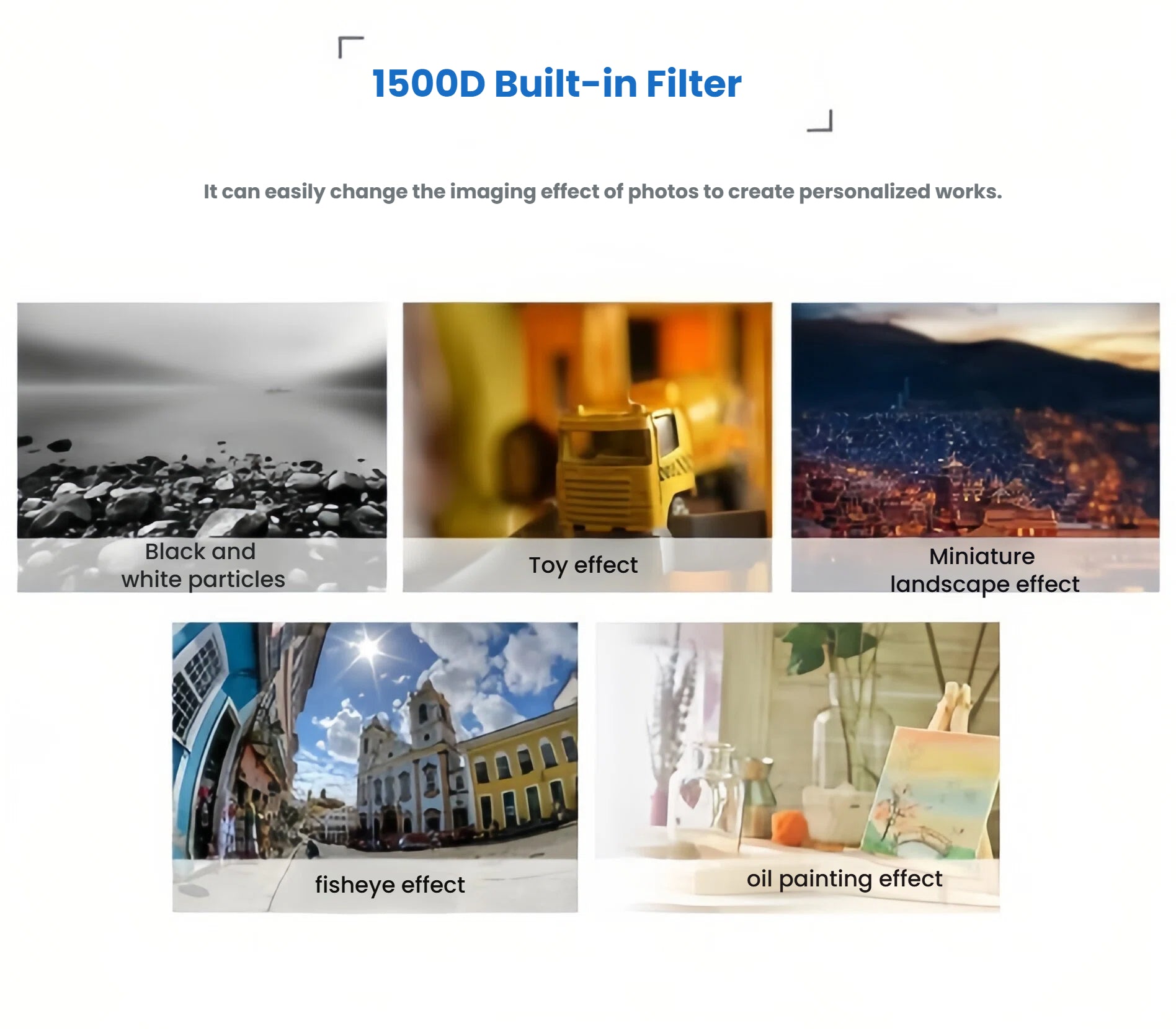 Collage of five creative filters (black-and-white, toy, miniature, fisheye, oil painting) available in-camera on Canon EOS 1500D.