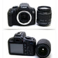 Top and rear views of Canon EOS 1500D DSLR body next to detached 18-55mm zoom lens, showing controls and mount details.