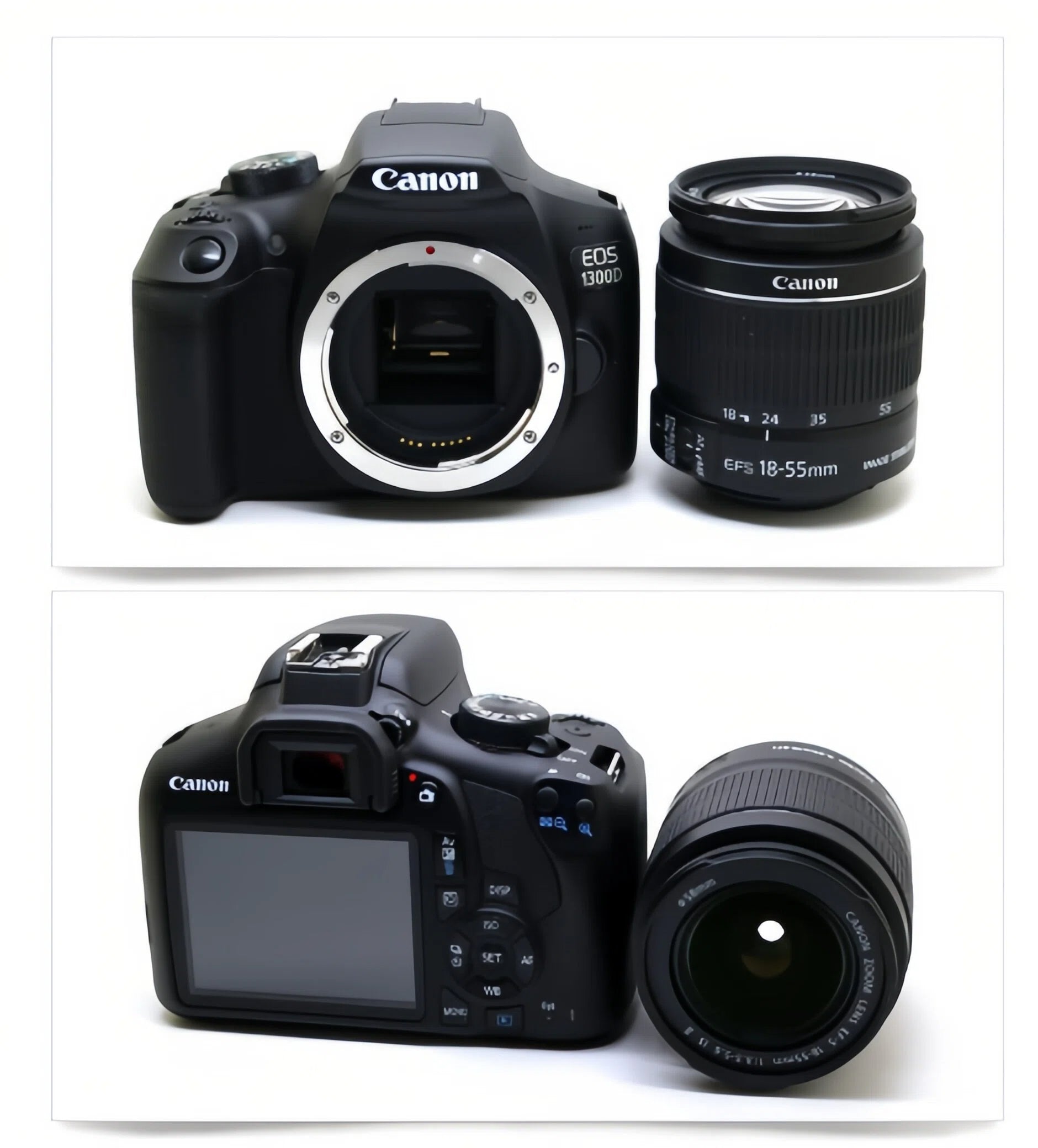 Top and rear views of Canon EOS 1500D DSLR body next to detached 18-55mm zoom lens, showing controls and mount details.