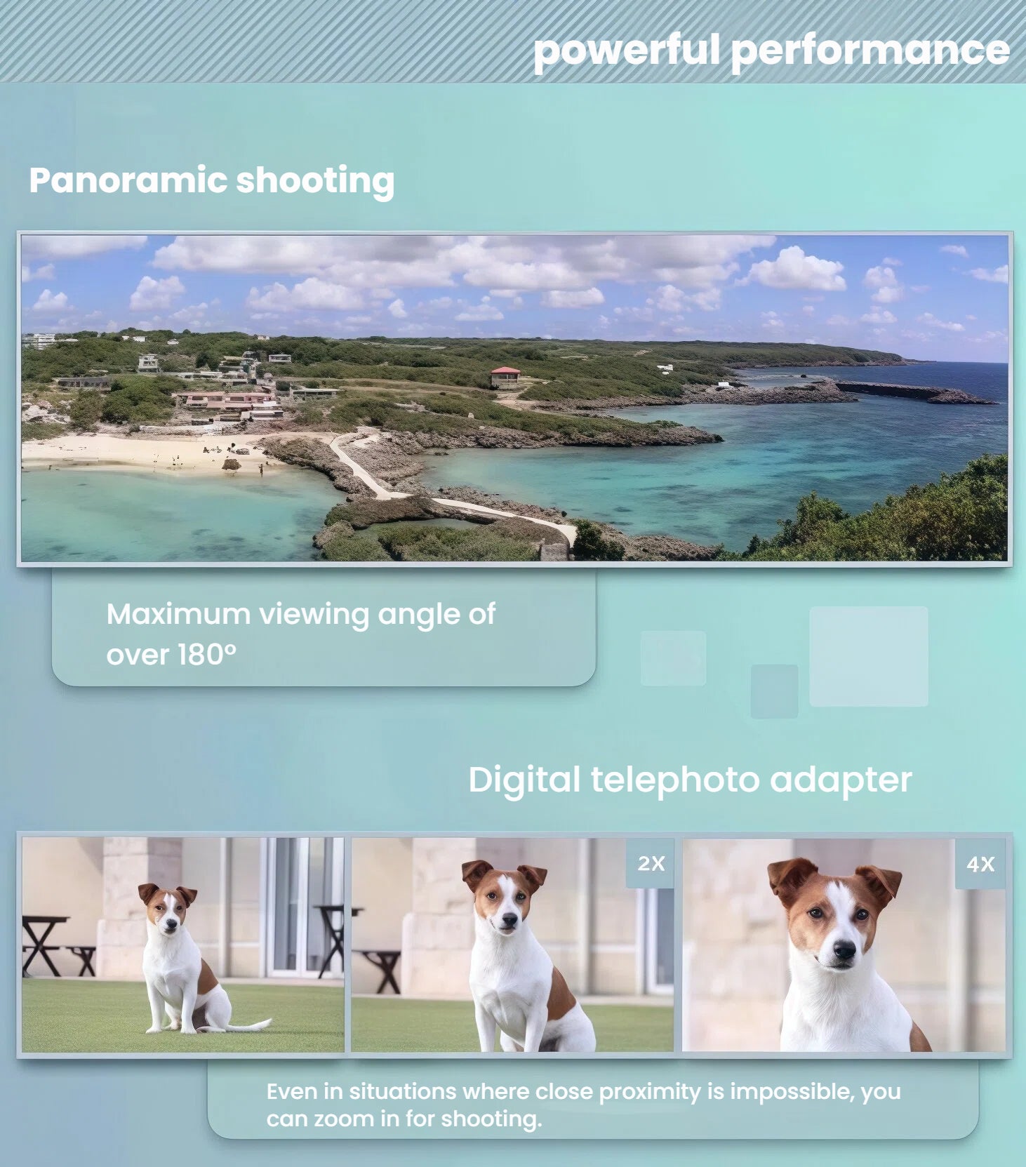 Coastal panorama and 2×/4× zoom sequence of a dog, showcasing Canon EOS R50’s panoramic mode and digital telephoto adapter.