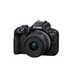 Studio ¾ front view of black Canon EOS R50 mirrorless camera with RF-S 18-45 mm kit lens attached.