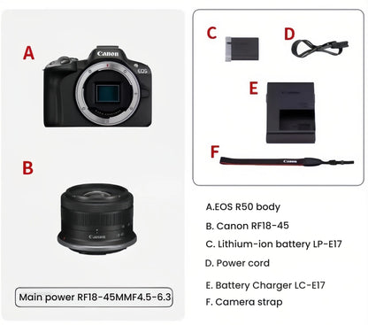 Flat-lay of Canon EOS R50 kit: black body, RF-S 18-45 mm lens, LP-E17 battery, charger, strap, and power cord.