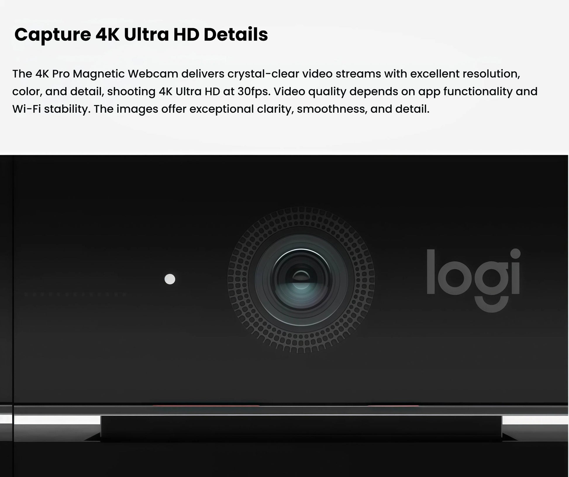 Extreme close-up of the webcam’s lens and sensor, emphasizing 4K Ultra HD resolution at 30 frames per second for crystal-clear video.