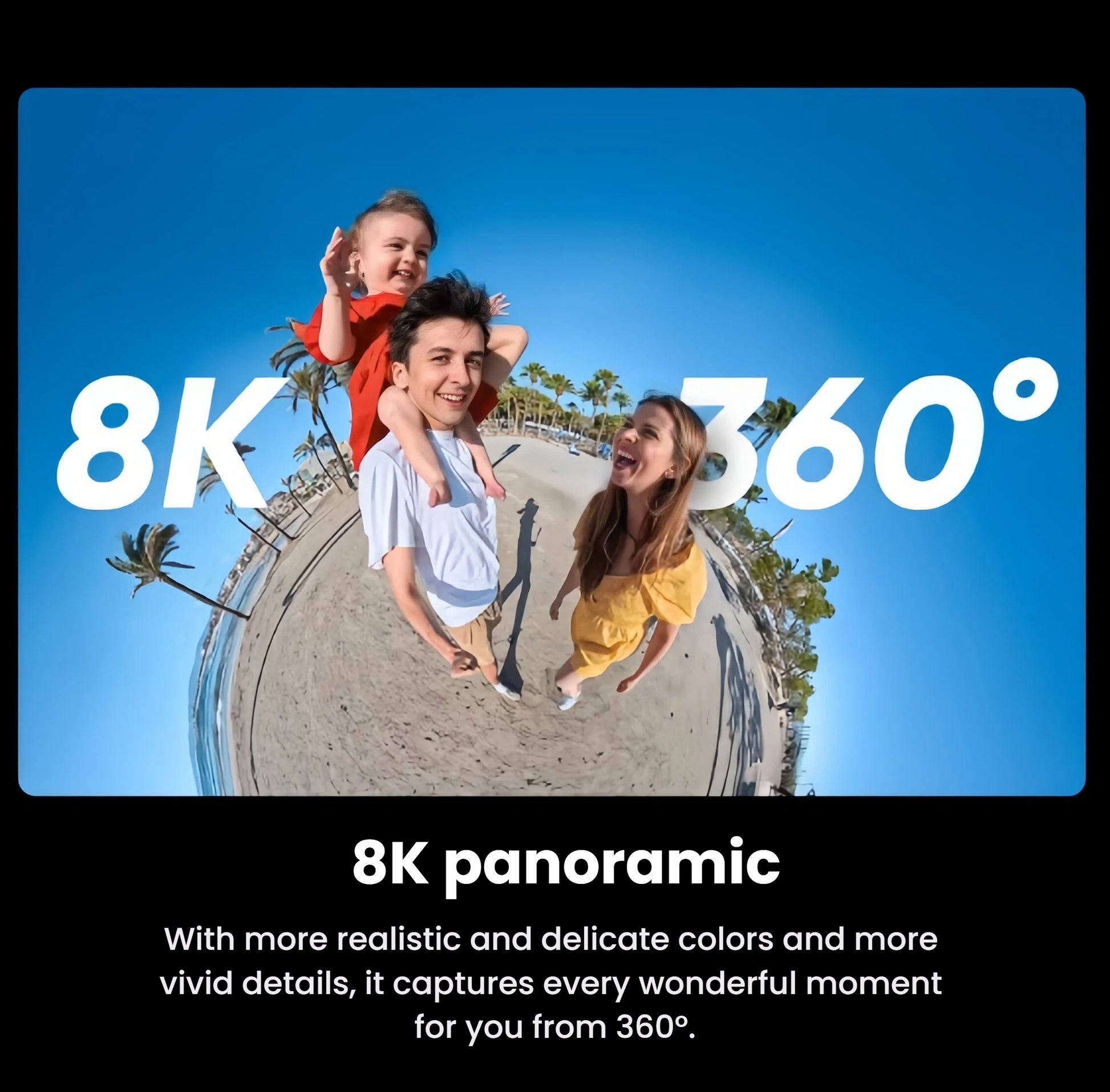 A vibrant 360-degree "tiny planet" photo of a family at the beach, showcasing the incredible detail, realistic color, and vivid quality of the Insta360 X5's 8K panoramic video.