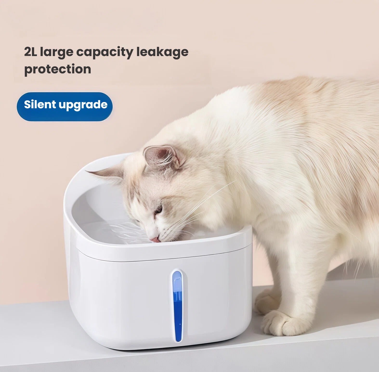 Fluffy white cat drinking from Dogness 2L automatic water fountain with leak protection, silent operation, and continuous fresh water circulation