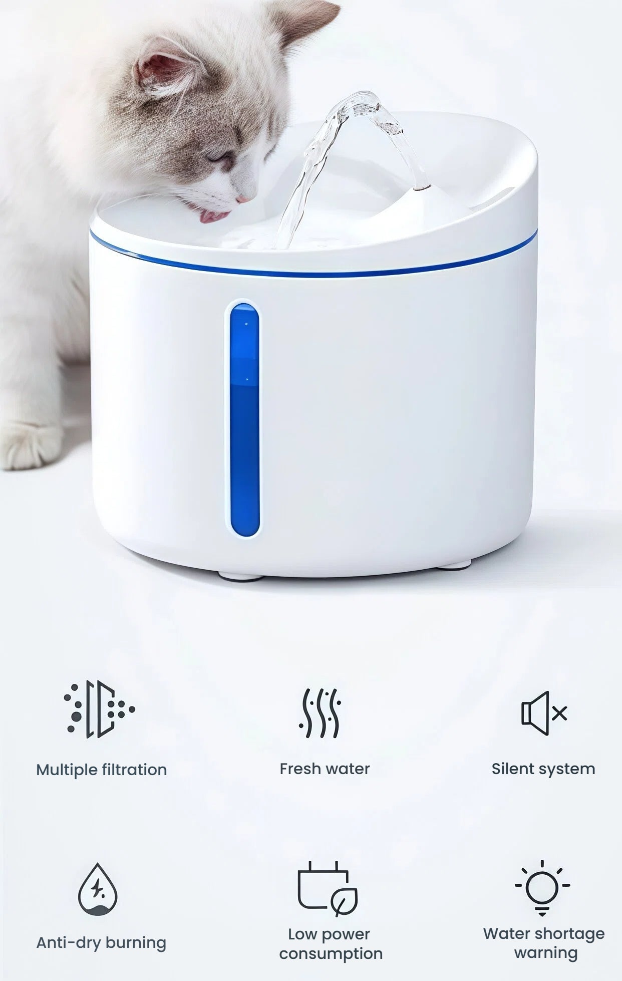 Fluffy white cat drinking from Dogness 3.2L automatic water fountain with continuous flow, silent system, and multiple filtration for clean water