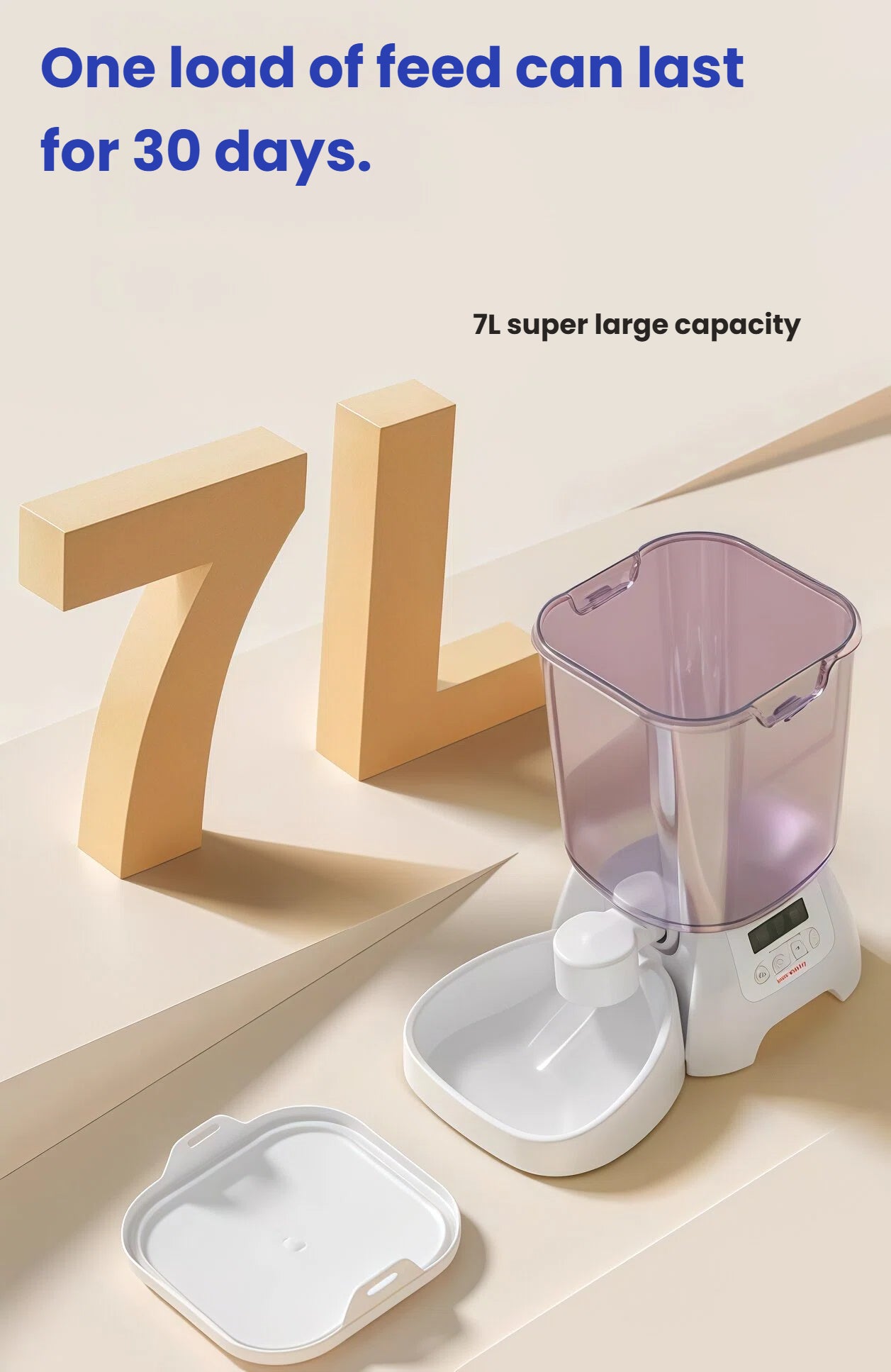 Cat Mate automatic pet feeder with 7-liter food hopper shown next to large "7L" text. Removable lid and base components highlight easy cleaning and maintenance.