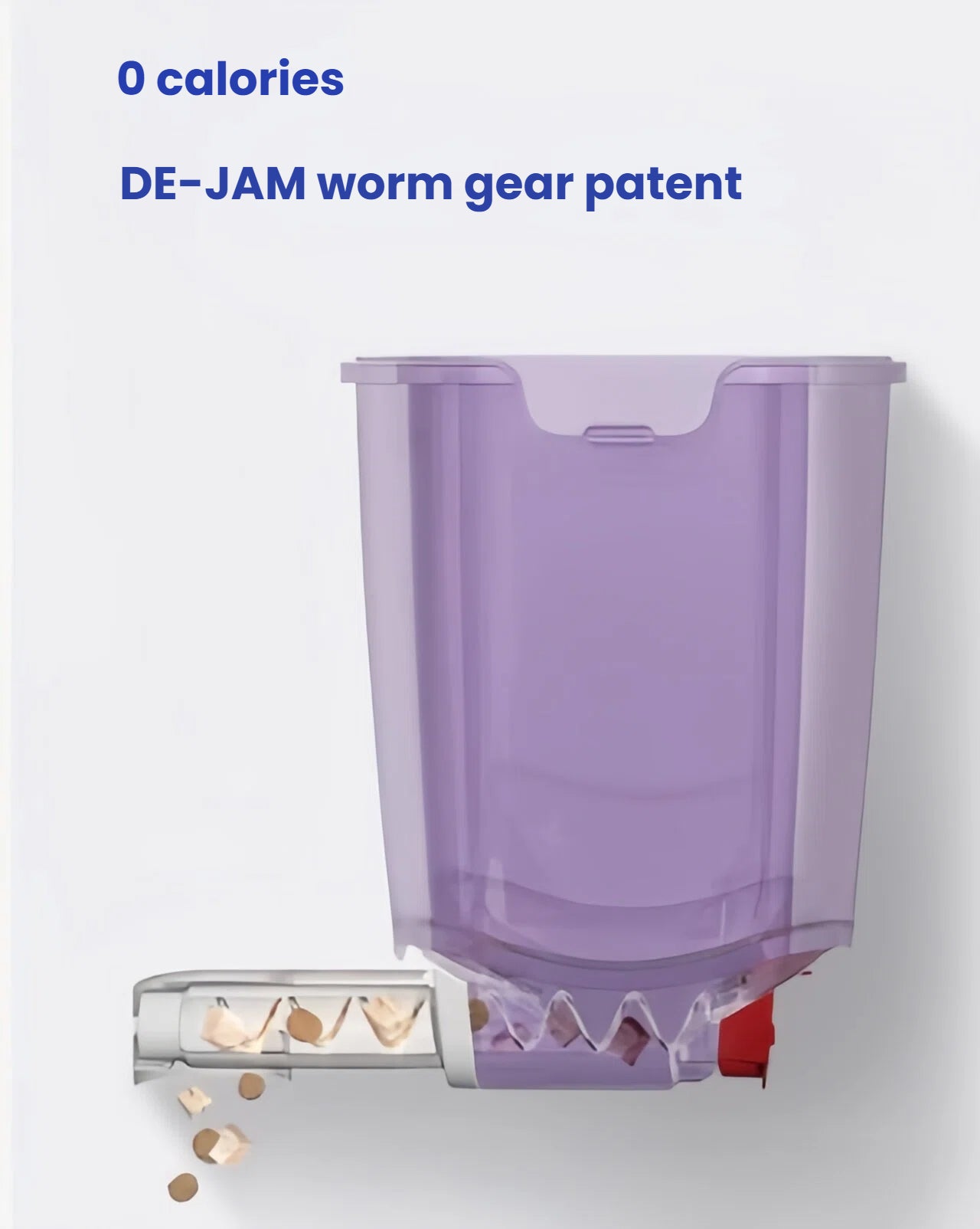 Close-up diagram of the Cat Mate DE-JAM worm gear system showing how kibble flows smoothly without jamming. Ensures reliable dispensing even with larger kibble sizes.