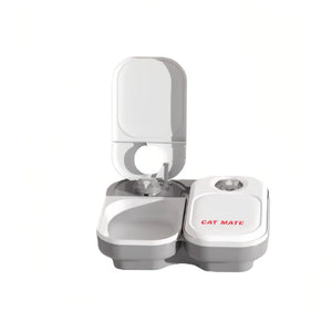 Complete pet care bundle: Cat Mate dual-meal automatic feeder with blue ice and 2L mountain spring water fountain. Includes chlorine removal and odor elimination features.