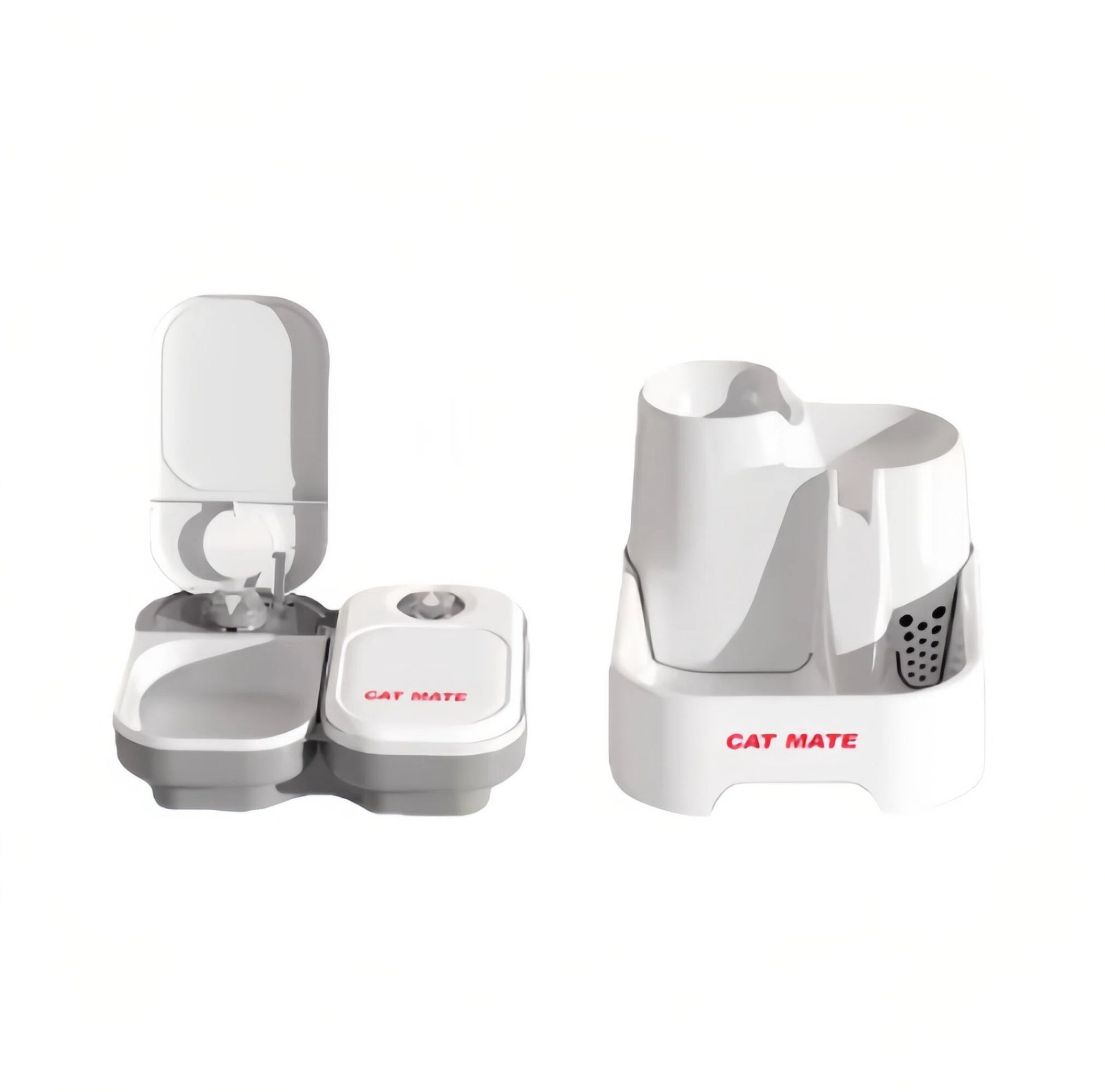 Cat Mate dual-compartment feeder supports dry kibble, jerky, freeze-dried food, raw meat, canned food, goat milk, and more. Large platters accommodate all pet food types.