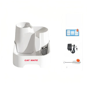 Cat Mate 2L multi-level pet water fountain in white, featuring electric pump, filter cartridge, power adapter, and cleaning brush — ideal for cats and small dogs