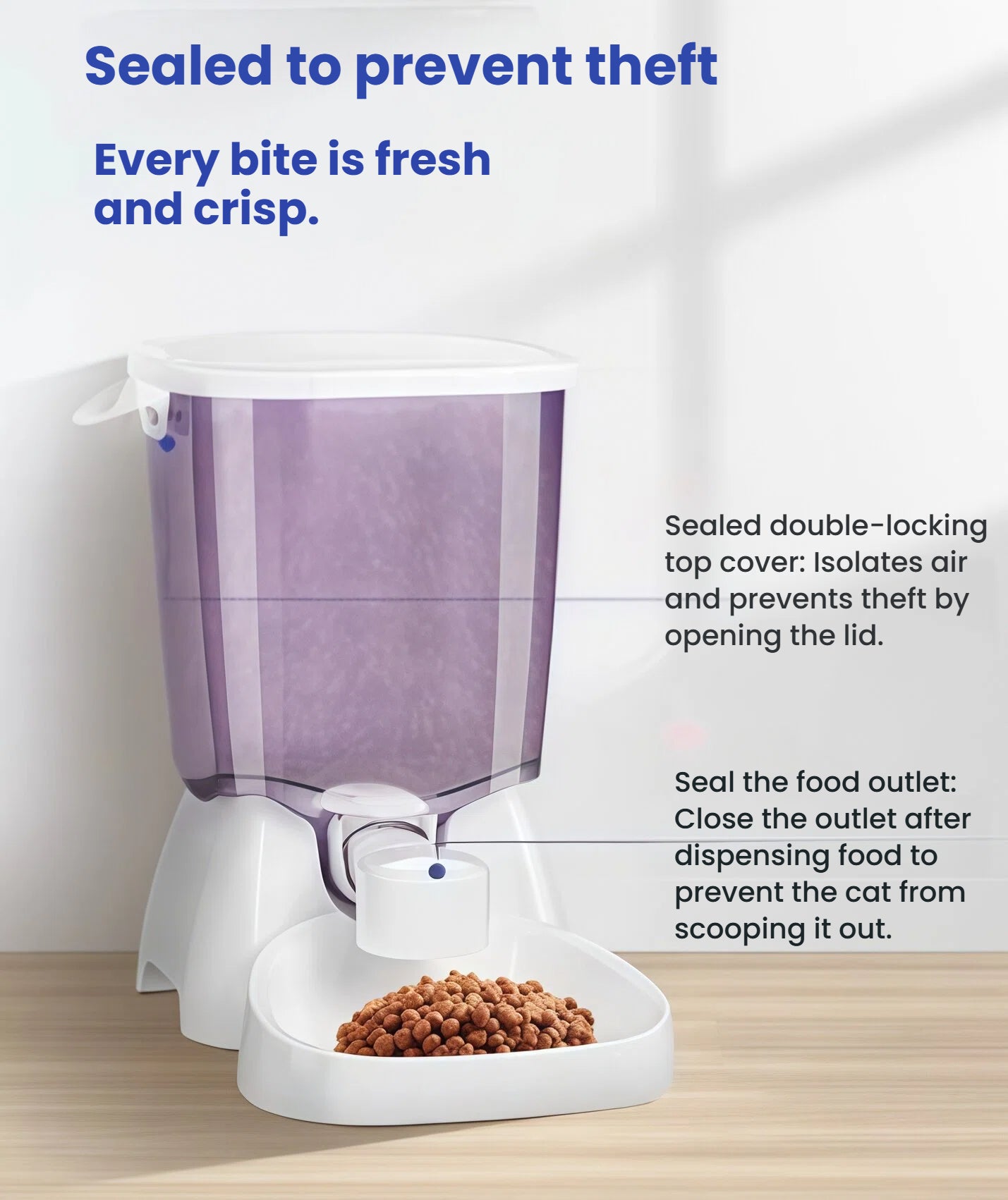 Cat Mate automatic feeder with sealed double-locking top cover and food outlet. Keeps air out and prevents pets from scooping food prematurely — every bite stays fresh and crisp.