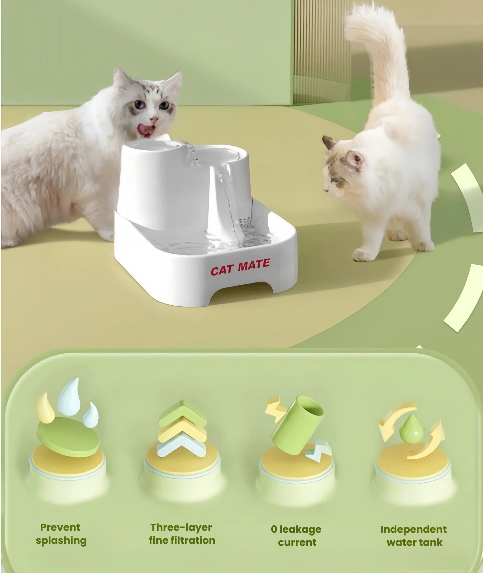 Two cats drinking from Cat Mate multi-level water fountain with anti-splash design, three-layer filtration, zero leakage current, and independent water tank — perfect for hydration