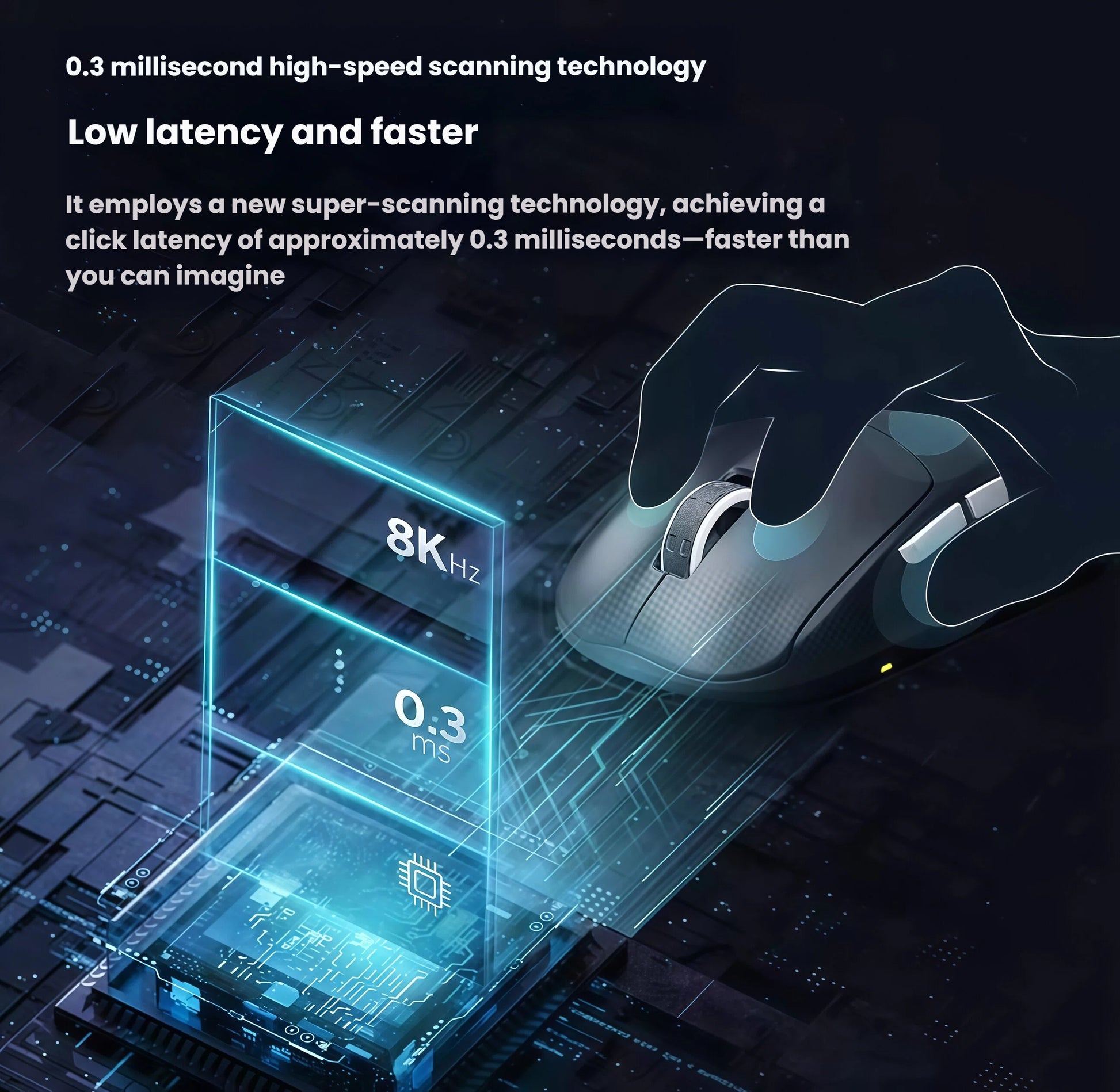 Illustration highlighting the Cherry Xtrfy M64 WL’s ultra-low latency technology. With a click response time of approximately 0.3 milliseconds and an 8KHz polling rate, this wireless gaming mouse ensures near-instantaneous input feedback, delivering faster and more responsive control than wired alternatives.