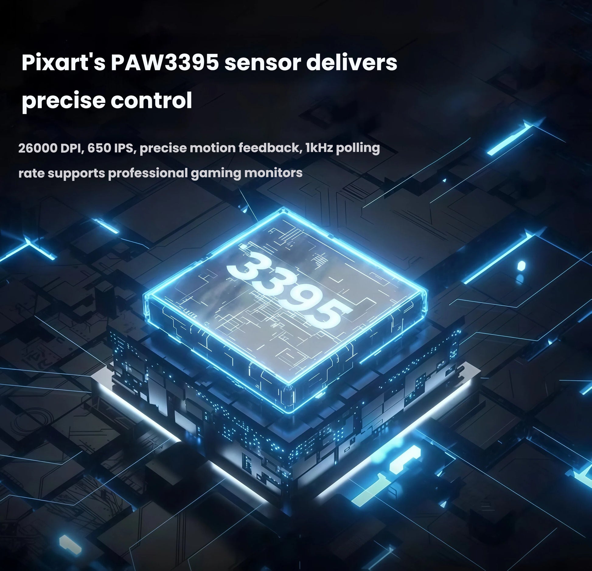Close-up illustration of the Pixart PAW3395 optical sensor inside the Cherry Xtrfy M64 WL. This high-end sensor delivers 26,000 DPI, 650 IPS tracking speed, precise motion feedback, and 1kHz polling rate, ensuring accurate cursor movement and smooth gameplay on professional gaming monitors.