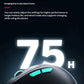 Promotional graphic showcasing the Cherry Xtrfy M64 WL's long-lasting battery performance. The mouse offers up to 75 hours of use on a single charge, with a fast charging time of just 2 hours. Wired mode supports charging while in use, making it ideal for extended gaming or work sessions.