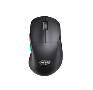 Top-down studio shot of the Cherry Xtrfy M64 WL wireless gaming mouse in black, featuring a sleek matte finish, turquoise-accented scroll wheel and side buttons, and the "CHERRY XTRFY" logo. Designed for precision and comfort, this lightweight mouse delivers high-performance wireless gaming with minimal visual clutter.