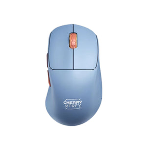 Top-down view of the Cherry Xtrfy M64 WL wireless gaming mouse in blue, featuring a soft matte finish, rust-colored scroll wheel and side buttons, and the signature "CHERRY XTRFY" branding. A stylish and ergonomic option for gamers who prefer a unique color scheme without sacrificing performance.
