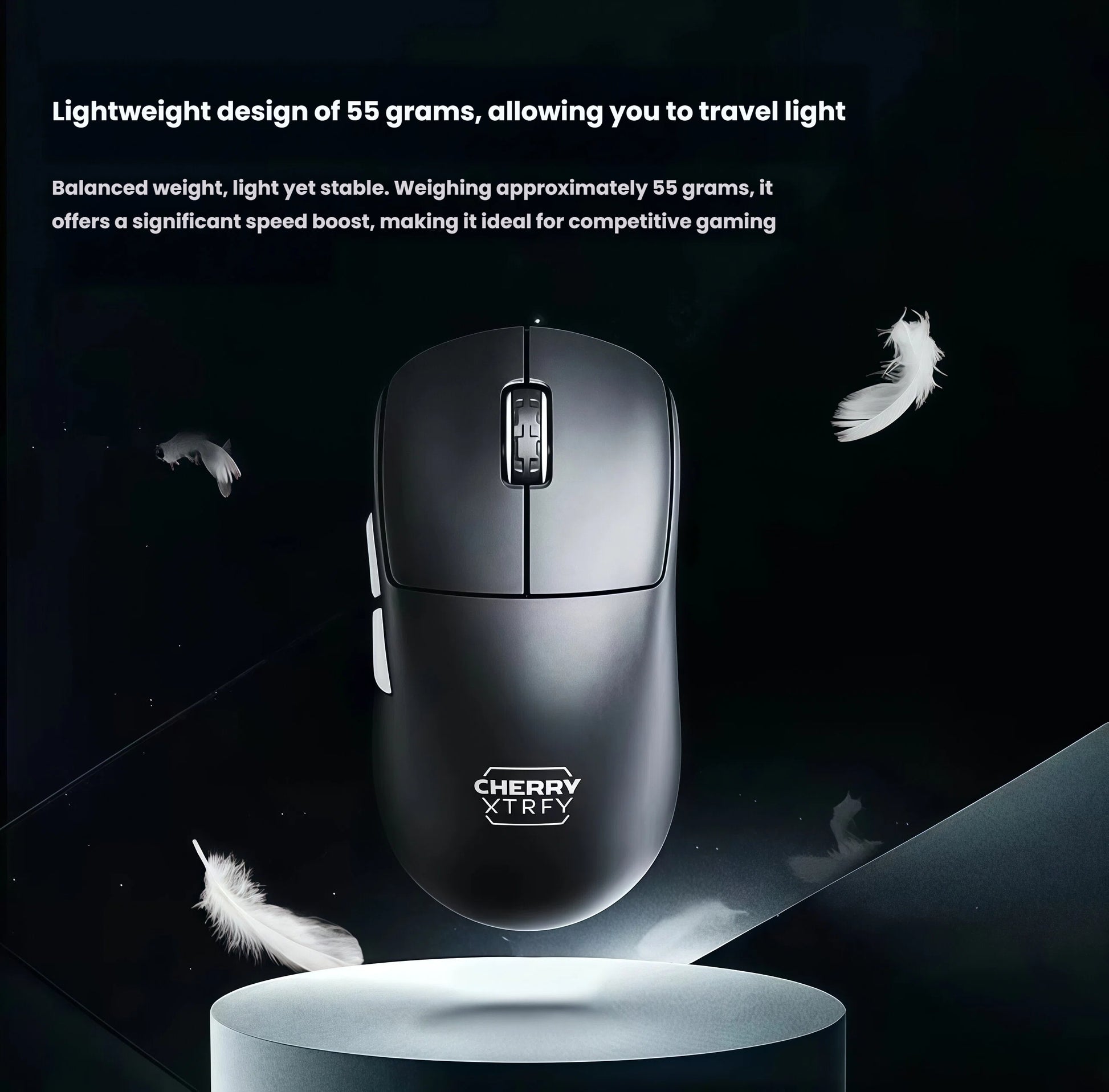 Graphic illustration showing the Cherry Xtrfy M68 Pro WL’s ultra-low 0.3ms click latency and 8KHz polling rate. With advanced scanning technology, this wireless mouse delivers faster response times than traditional wired models, ideal for fast-paced gaming.