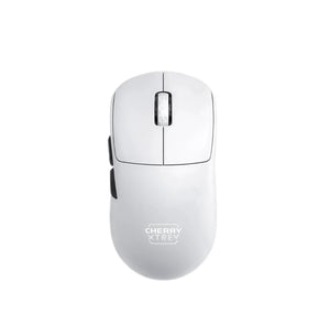 Top-down view of the Cherry Xtrfy M68 Pro WL wireless gaming mouse in white. Featuring a sleek, minimalist design with a textured scroll wheel and two side buttons, this high-performance mouse is ideal for precision gaming and professional use.