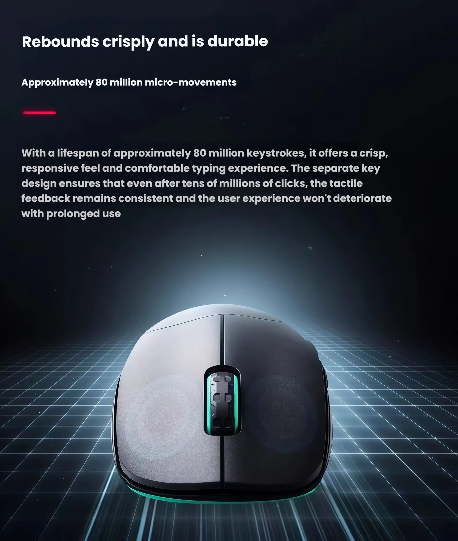 Front-facing close-up of the Cherry Xtrfy M68 WL showing its left and right click buttons. Engineered for longevity, these buttons are rated for approximately 80 million micro-movements, offering crisp, consistent tactile feedback even after years of heavy use.