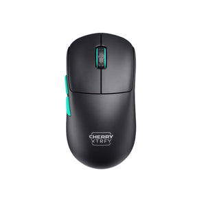 Top-down view of the Cherry Xtrfy M68 WL wireless gaming mouse in black, showcasing a premium matte surface, teal-colored scroll wheel and side buttons, and the brand logo. A versatile and durable option for gamers who prefer a classic color scheme without sacrificing performance.