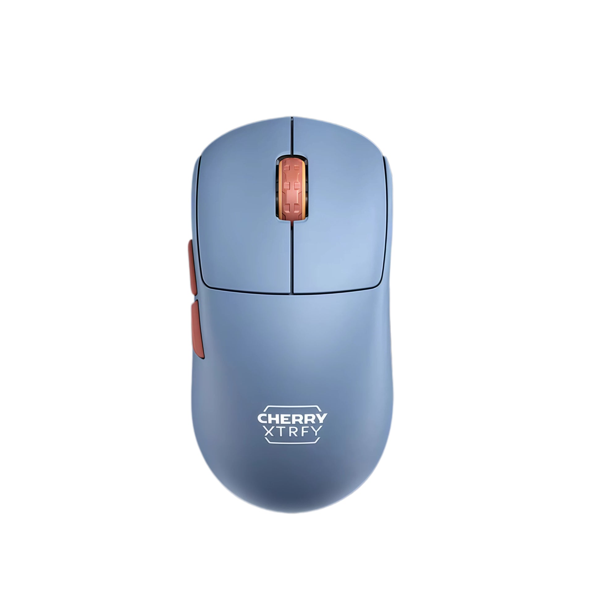 Top-down studio shot of the Cherry Xtrfy M68 WL wireless gaming mouse in blue, featuring a soft matte finish, rust-colored scroll wheel and side buttons, and the signature "CHERRY XTRFY" branding. A stylish and ergonomic option for gamers who prefer a unique color scheme without sacrificing performance.