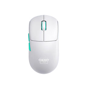 Top-down studio shot of the Cherry Xtrfy M68 WL wireless gaming mouse in white, featuring a sleek matte finish, turquoise-accented scroll wheel and side buttons, and the "CHERRY XTRFY" logo. Designed for precision and comfort, this lightweight mouse delivers high-performance wireless gaming with minimal visual clutter.