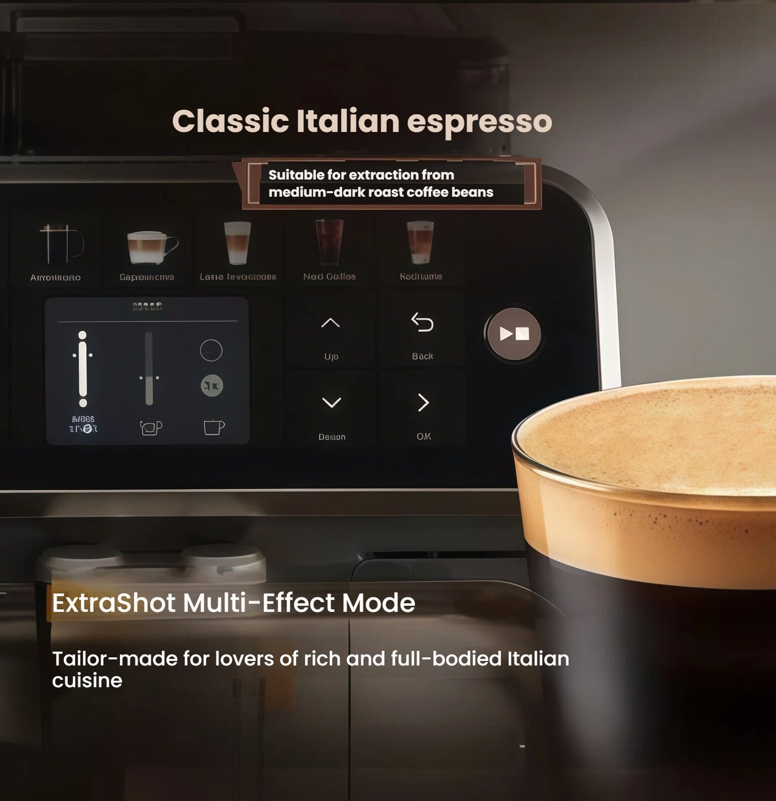 Interface of the Philips EP5541 showcasing the Classic Italian espresso mode, suitable for medium-dark roast coffee beans