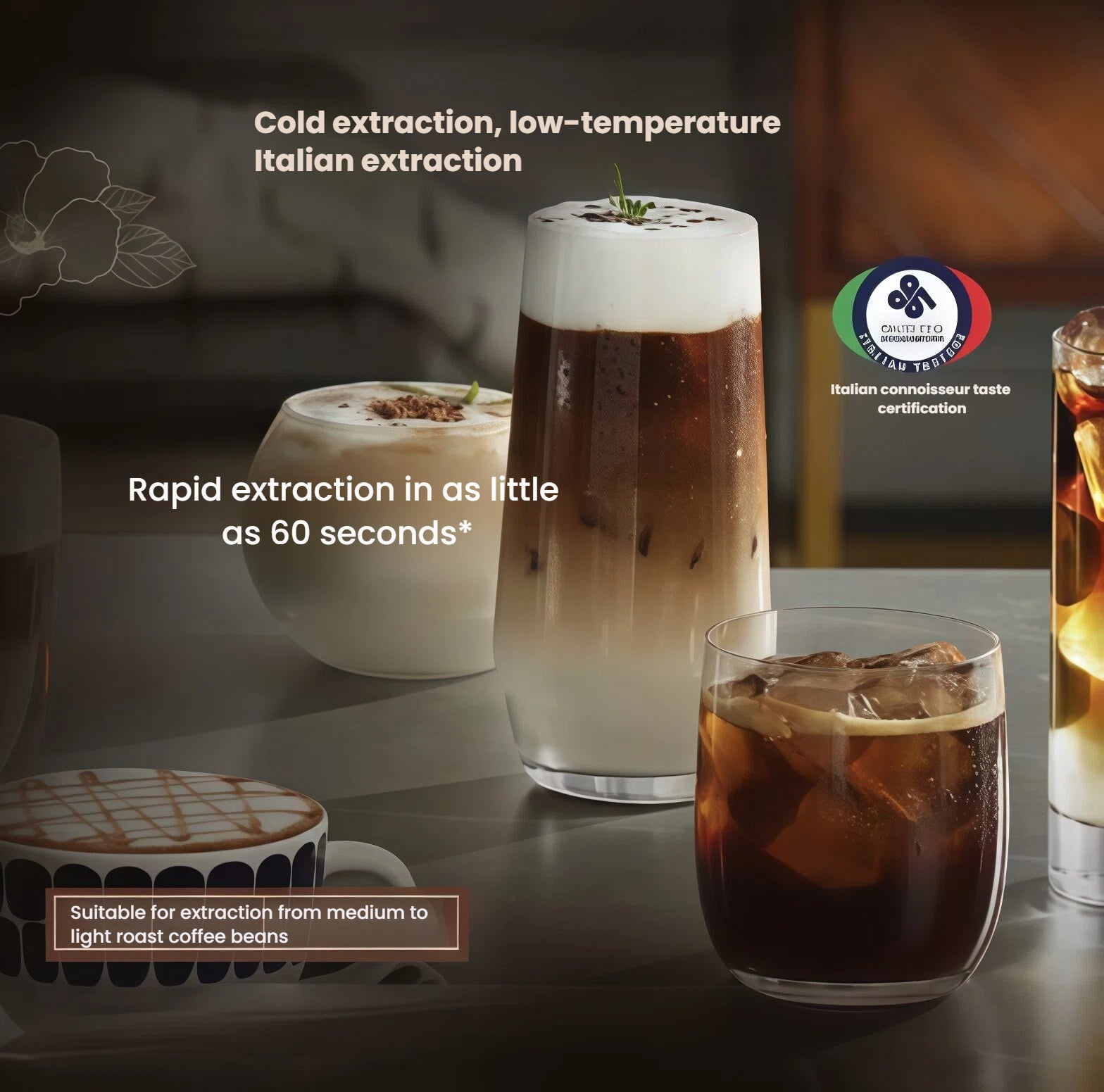 Philips EP5541 espresso machine with a variety of coffee drinks, highlighting its cold extraction and rapid Italian extraction features