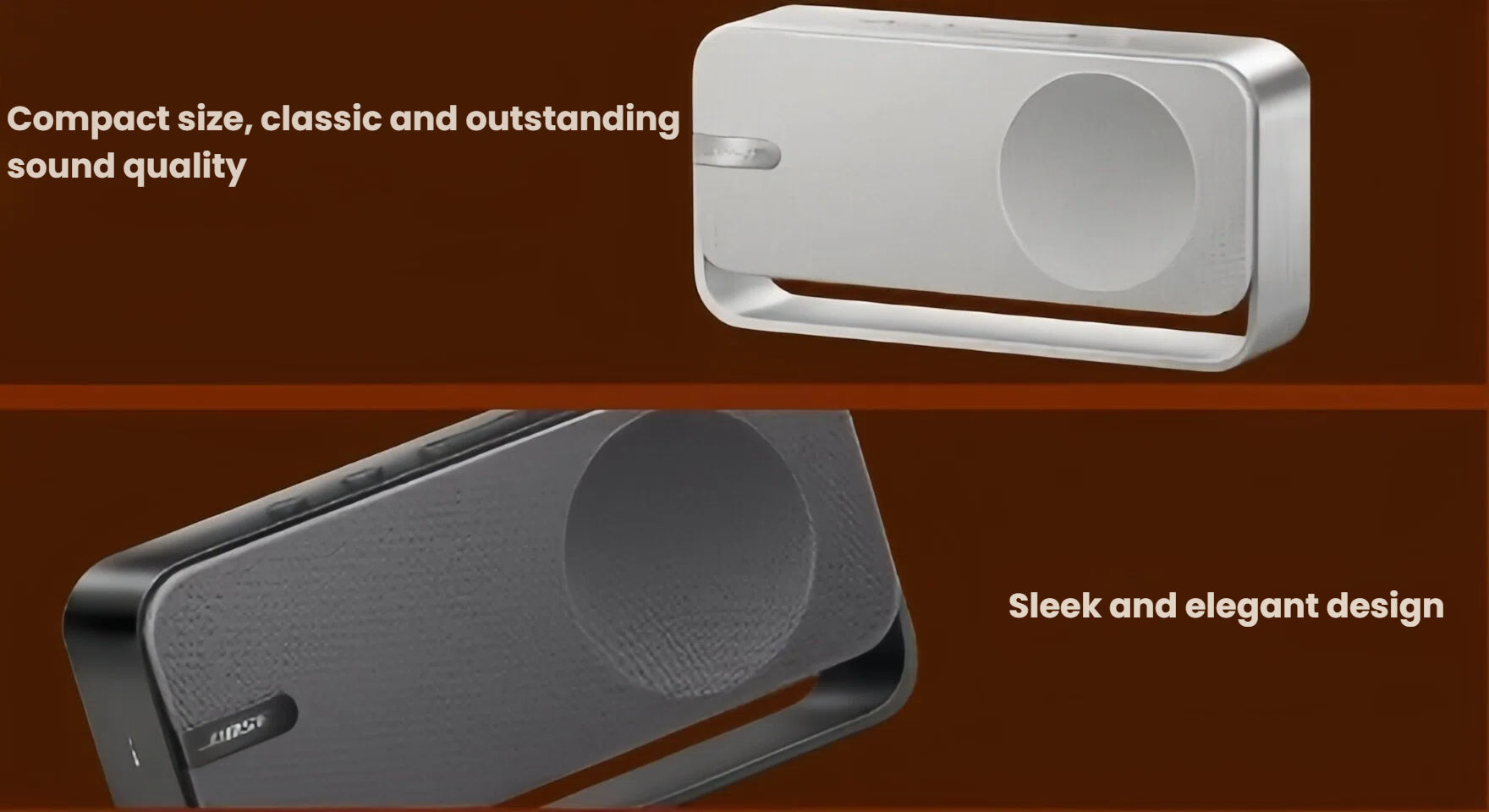 A collage demonstrating the key design features of the Bose SoundLink Home Speaker, highlighting its compact size for outstanding sound quality and its sleek, elegant frame.