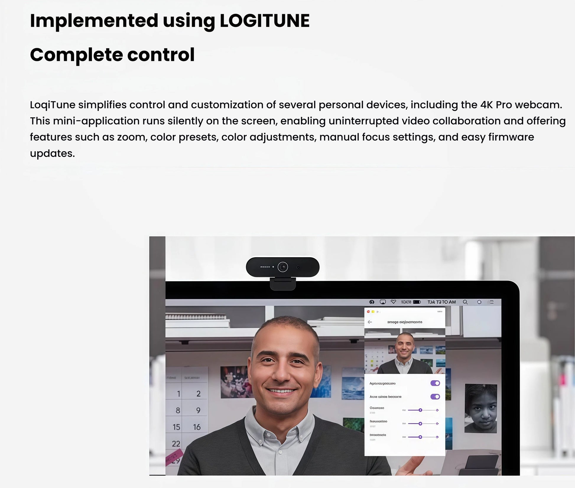  Screen capture showing the LogiTune app interface overlaid on a video call, illustrating real-time zoom, color correction, and firmware update controls for the 4K Pro Magnetic Webcam.