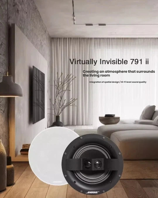 The Bose 791 II speaker is featured in a sophisticated living room setting, highlighting its ability to create a surrounding atmosphere with high-level, integrated sound quality.