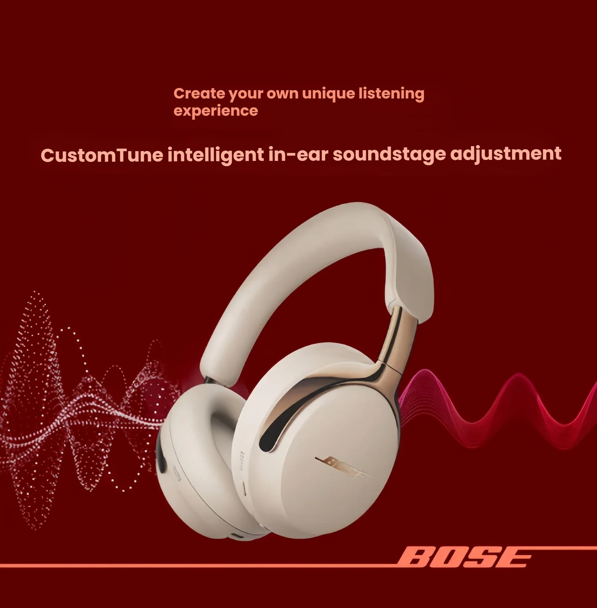  An infographic featuring the Bose QuietComfort Ultra Headphones and explaining the CustomTune intelligent in-ear soundstage adjustment, which creates a unique and personalized listening experience.