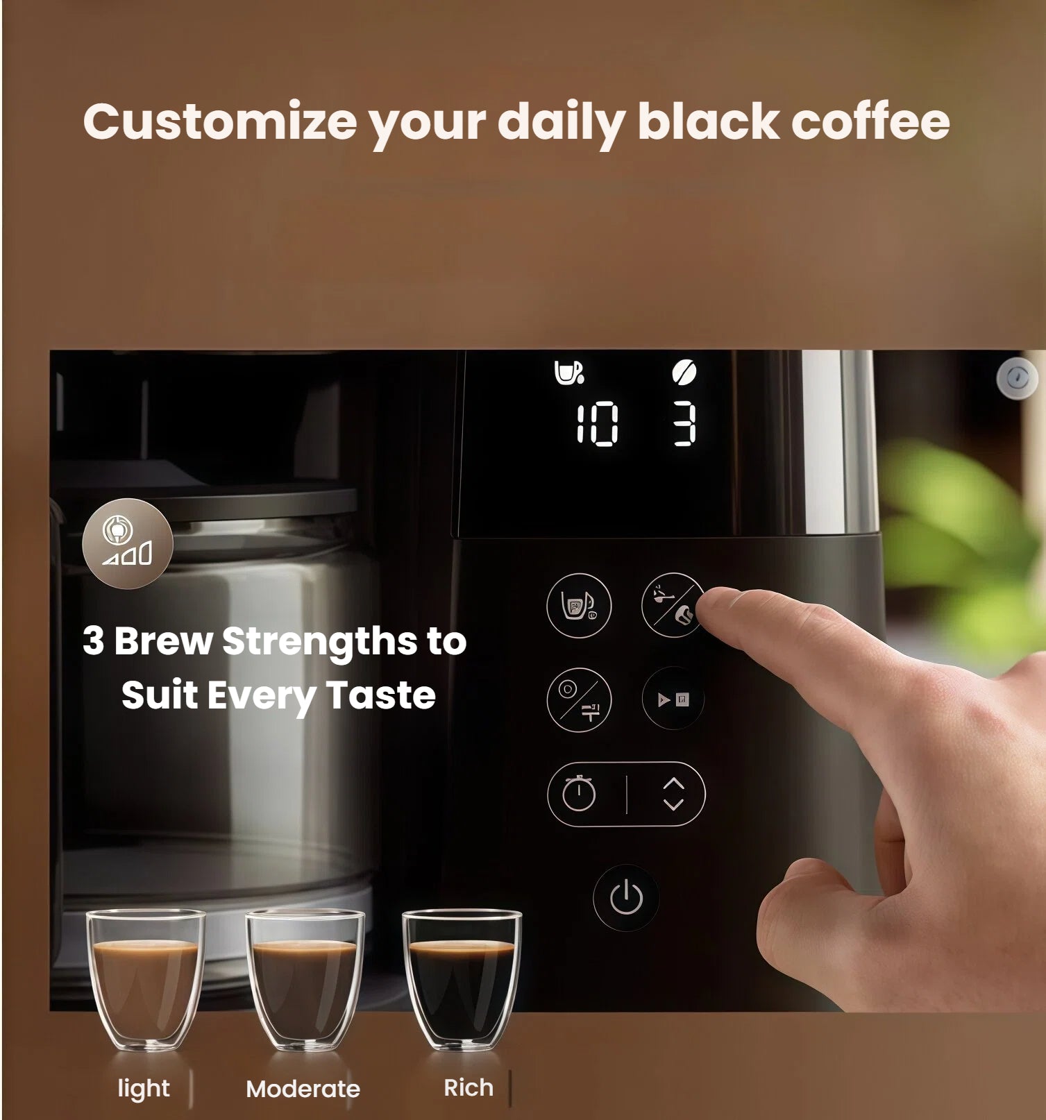 Digital display of the Philips HD7900 coffee machine showing options for light, moderate, and rich brew strengths