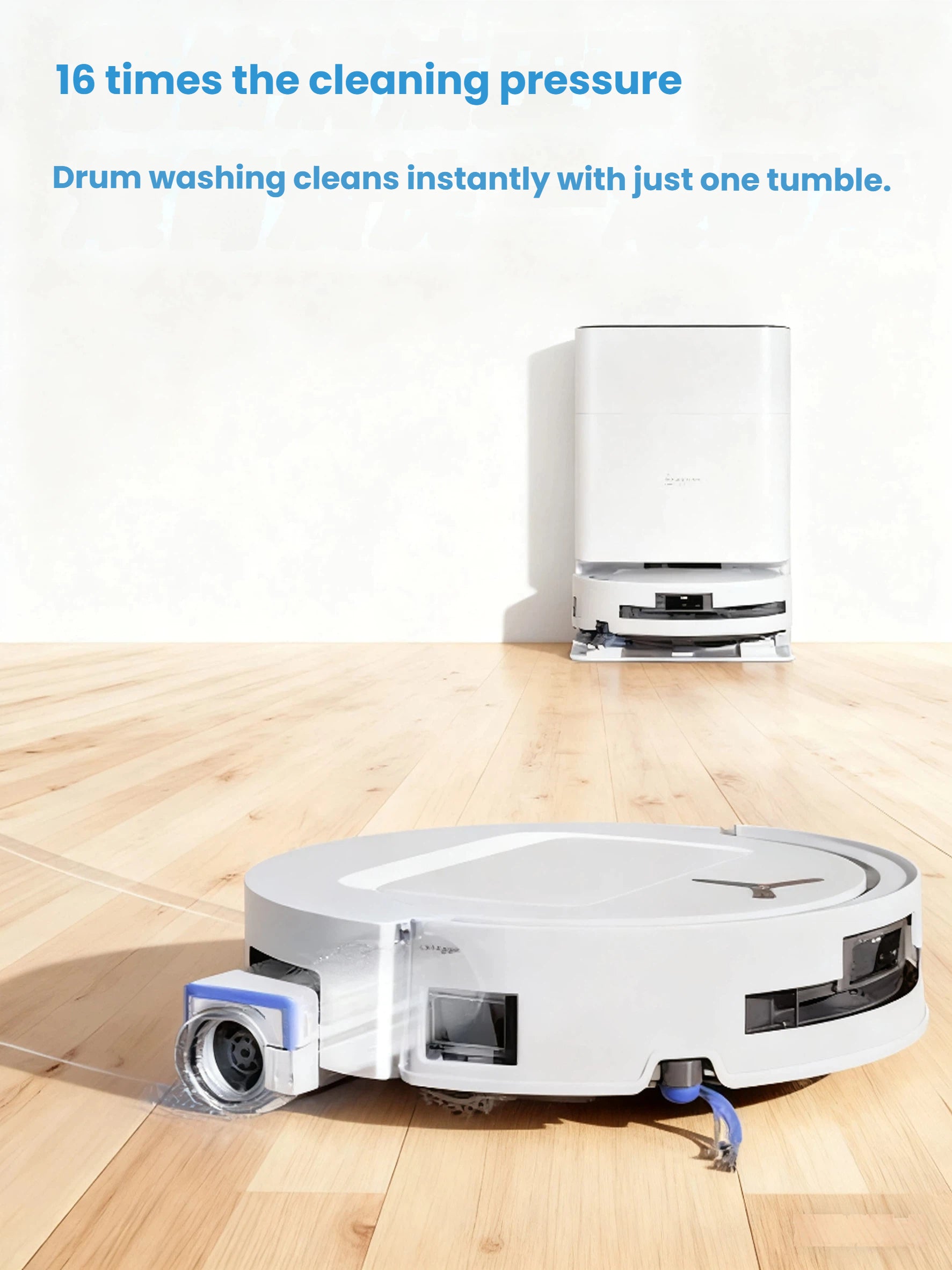 The ECOVACS DEEBOT T80 OMNI robot vacuum shown cleaning a light wood floor, demonstrating its powerful 16 times cleaning pressure for an instant, deep clean with its drum washing system.