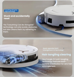 Close-up graphics showcasing the ECOVACS DEEBOT T80 OMNI's key features: "Everything Along the Edge" technology for obstacle avoidance and the ZeroTangle 3.0 anti-hair entanglement roller brush.