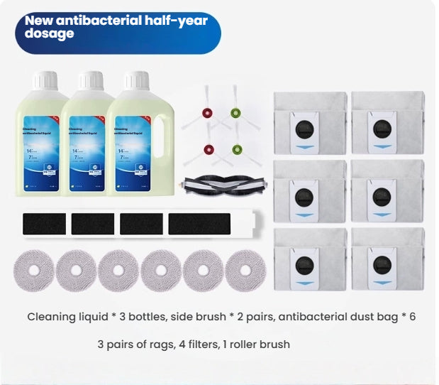 Cleaning product set with cleaning liquid, side brush, dust bag, filters, and roller brush on a white background.