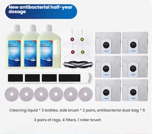 Cleaning product set with cleaning liquid, side brush, dust bag, filters, and roller brush on a white background.