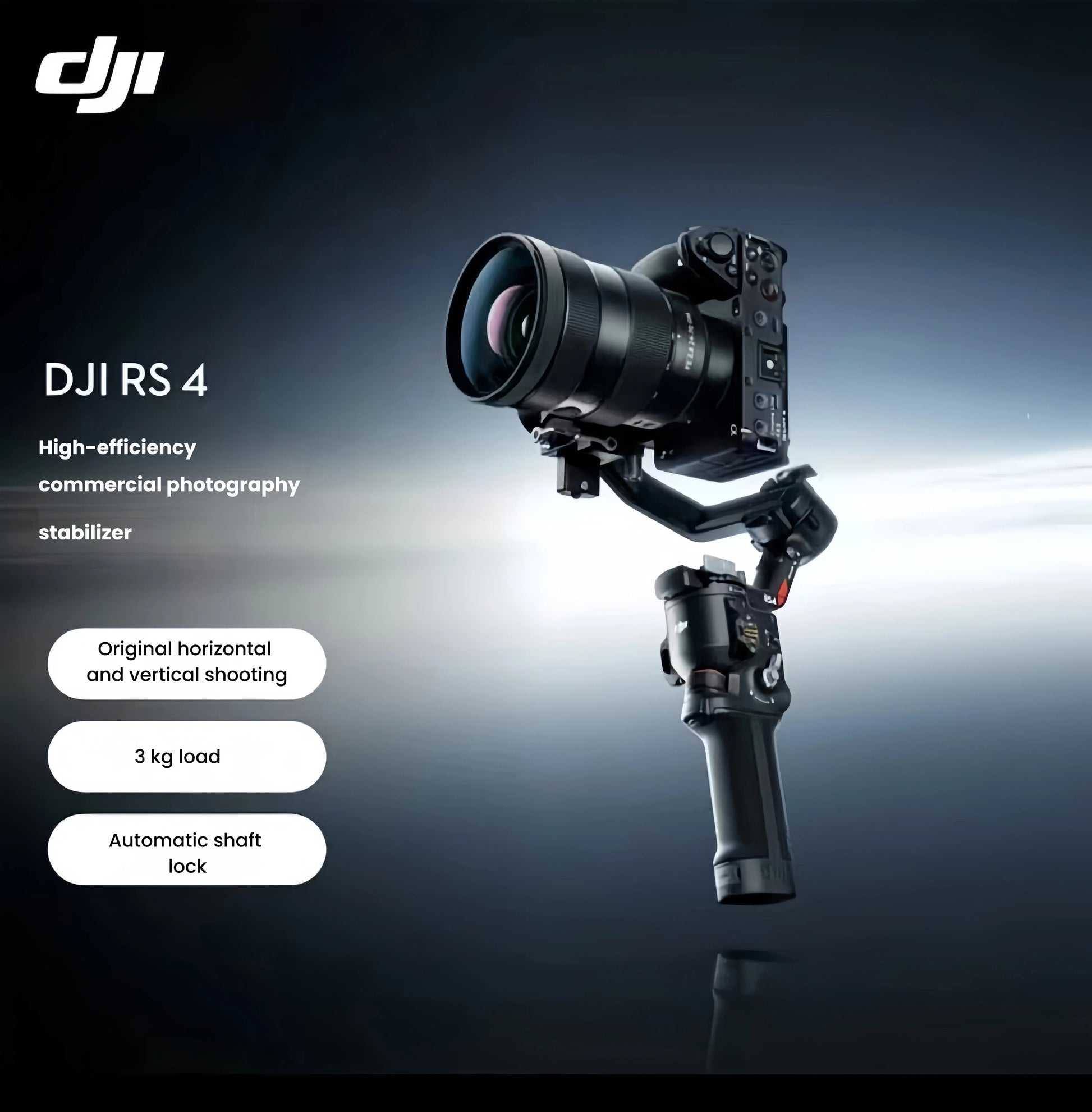 DJI RS4 demonstrating native horizontal-to-vertical toggle, 3 kg load capacity and automatic axis lock for high-efficiency commercial shoots.
