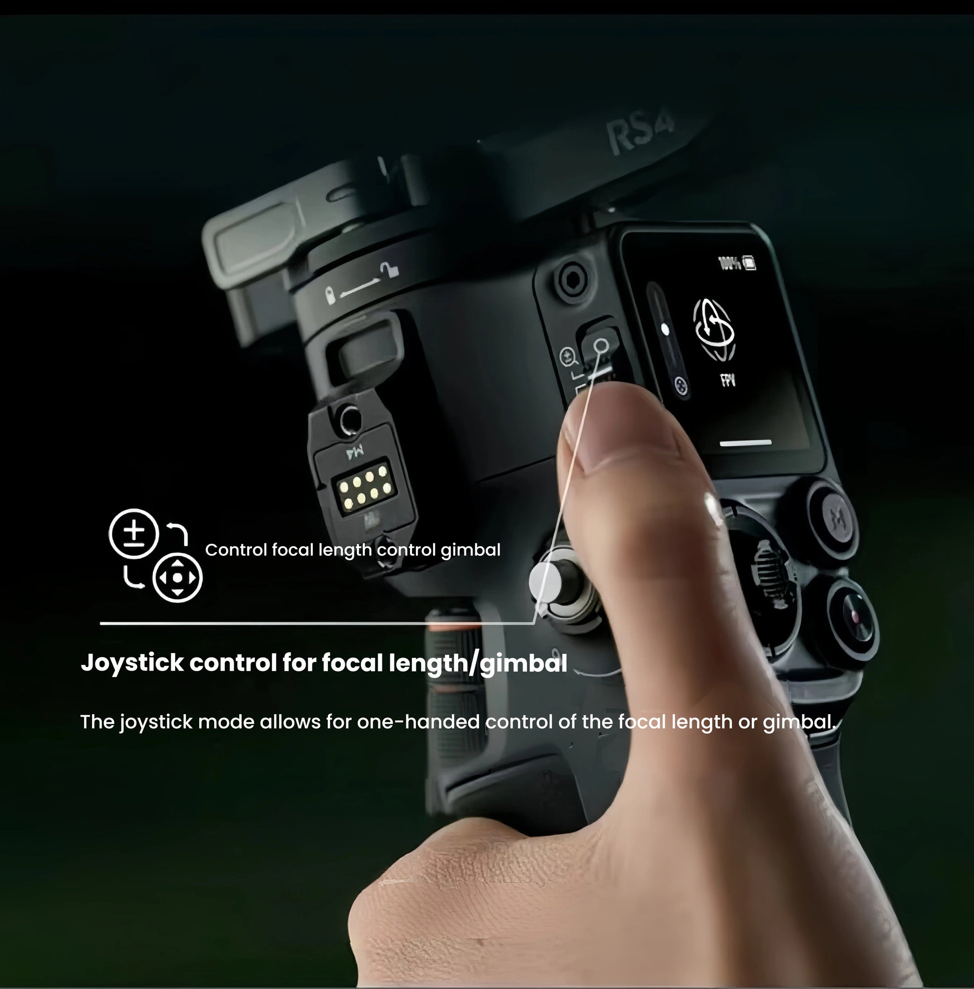 Close-up of DJI RS4 joystick allowing single-handed zoom and gimbal movement for run-and-gun shoots.