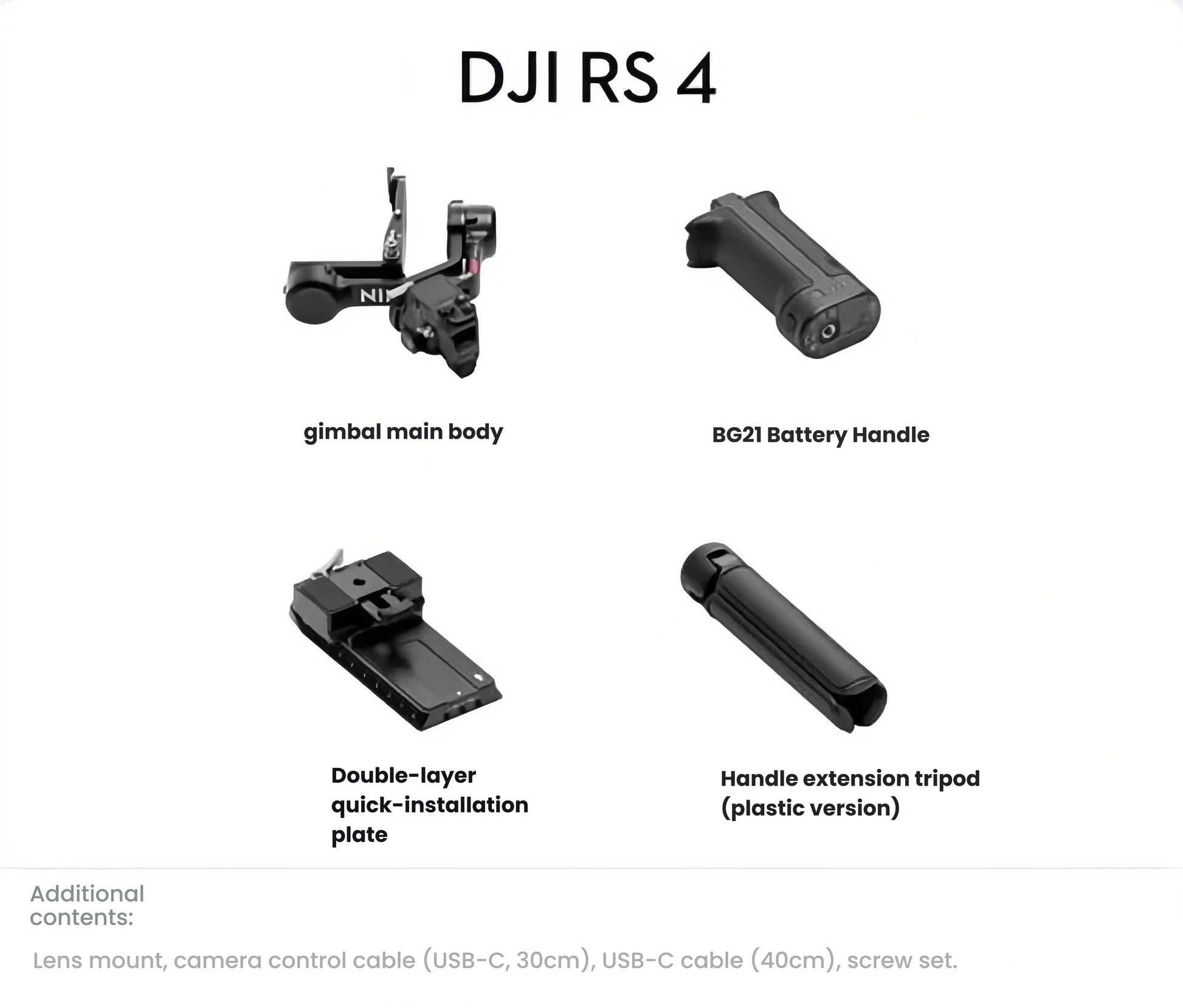 Flat-lay of DJI RS4 gimbal body, BG21 battery handle, double-layer quick-install plate, extension tripod, USB-C cables and screw set.