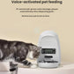 DOGNESS Mini feeder plays custom 10-second voice message to call pets at mealtime, shown with curious tabby cat.