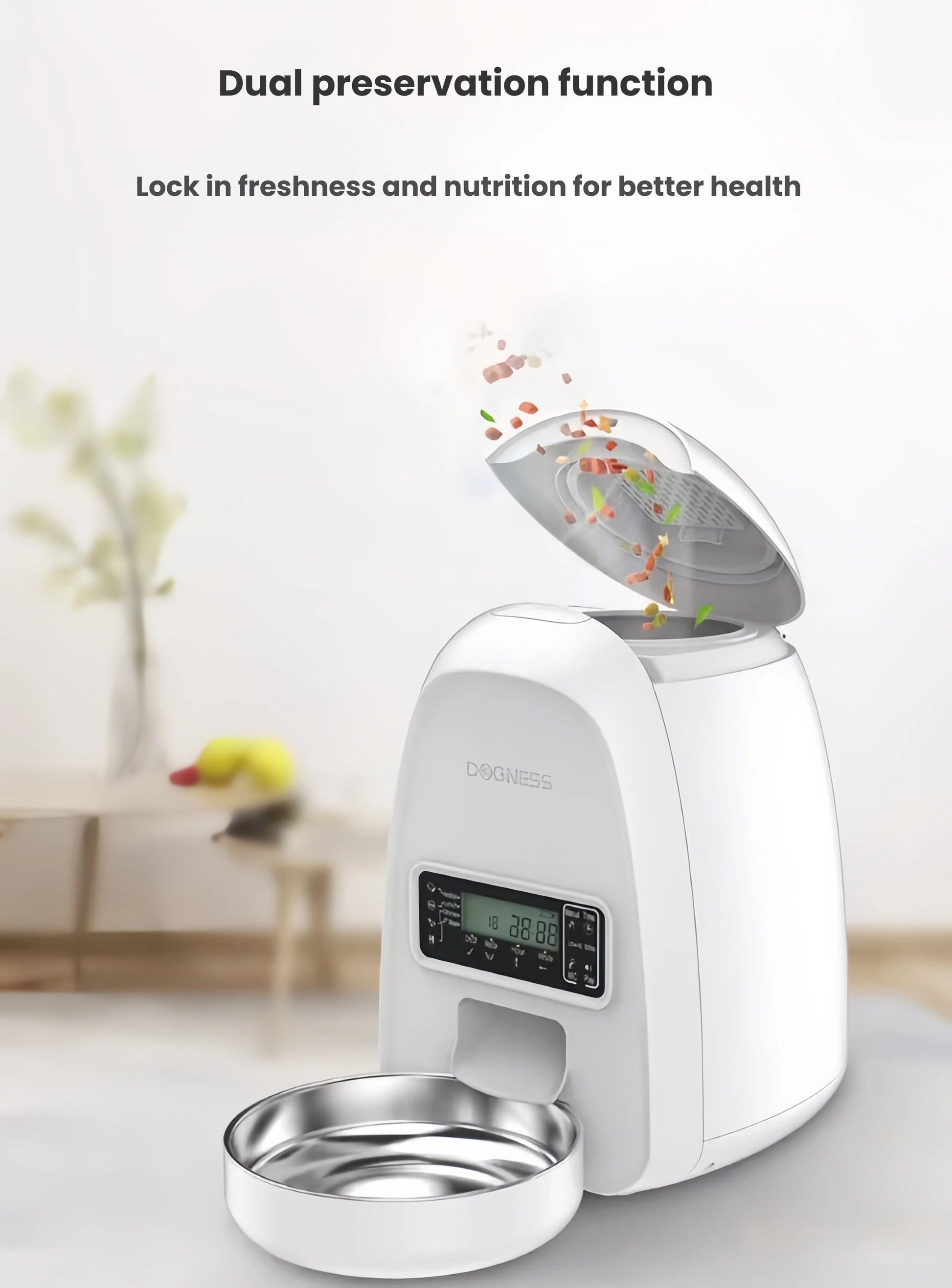 Open lid of DOGNESS Mini pet feeder revealing dual preservation system that locks in freshness and nutrition for healthier pets.